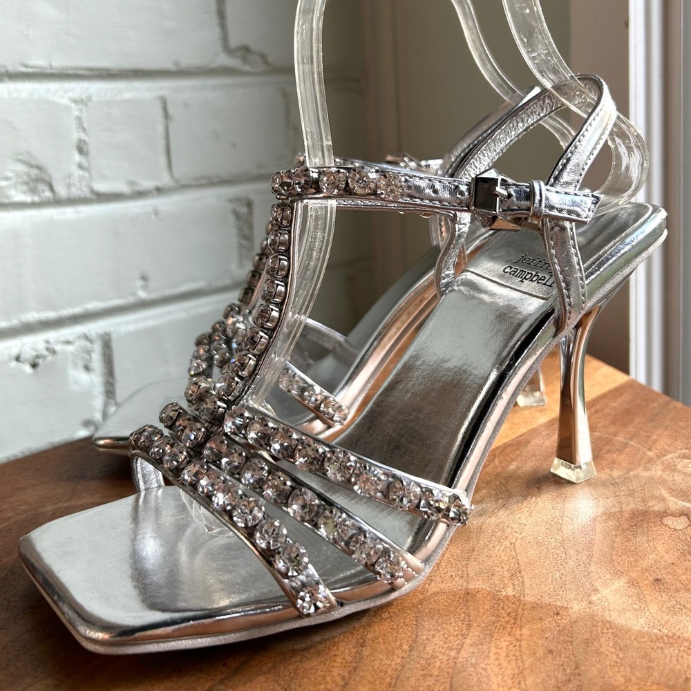 NEW Jeffrey Campbell Jeweled T Strap Square Toe Heel Sandal Silver 7 Party Event